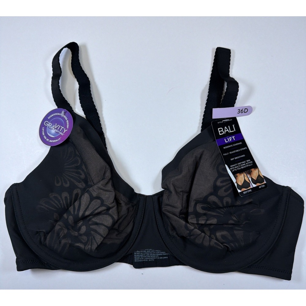 Bali Lift Gravity Defying Bra 36D Black Underwire Floral DF6563 Smoothing NEW